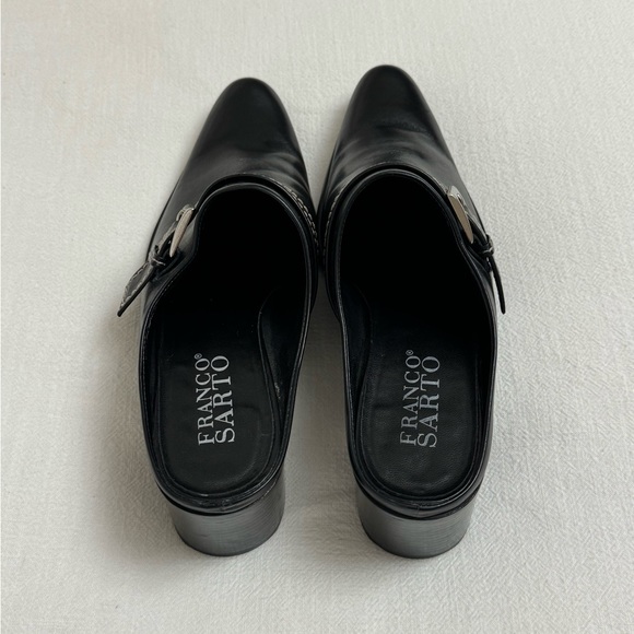 Franco Sarto Black Leather Slip On Mules Size 9.5 Crossover Buckle Classic Boho - Picture 3 of 12